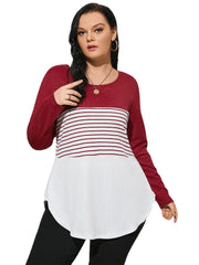 Plus Size Round Neck Striped Patchwork Long Sleeves Tee