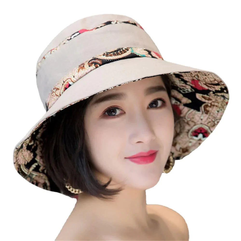 Women Summer Printed Cotton Fisherman Hat Foldable Sunshade Wide Brim Bucket Hat