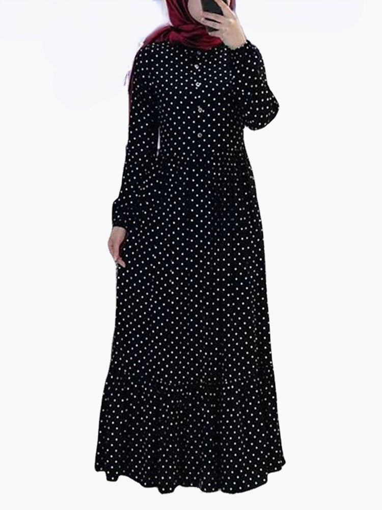 Women Retro Polka Dot Print Pleated Ruffled Hem Side Zipper Button Vintage Maxi Dress