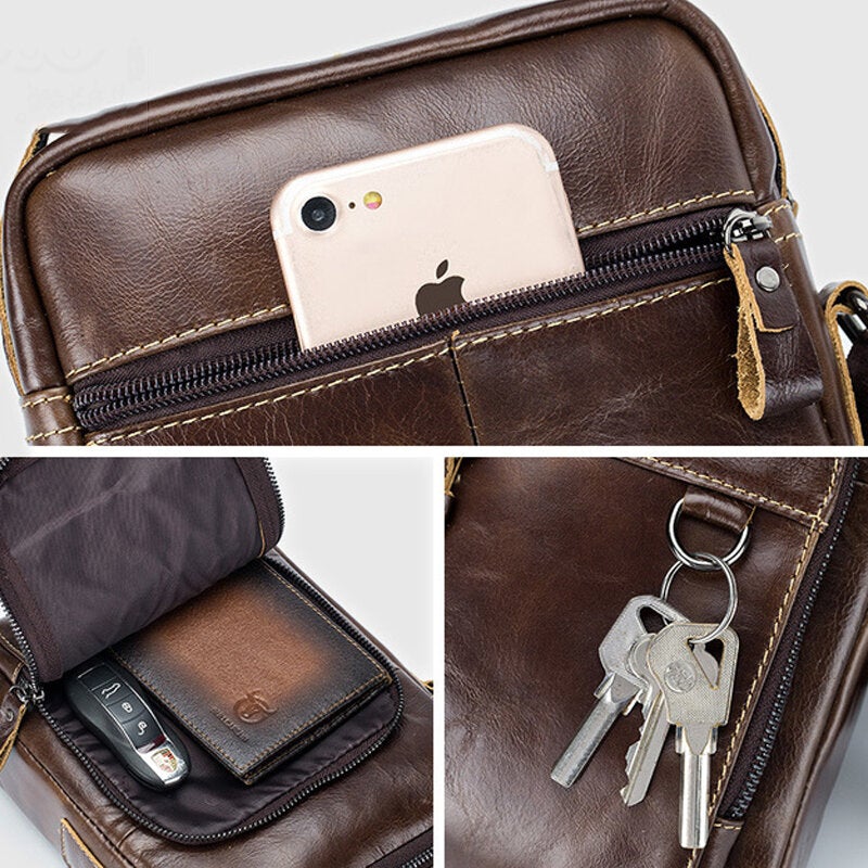 Men Genuine Leather Multi-pocket Crossbody Bag Vintage Keychain Design Shoulder