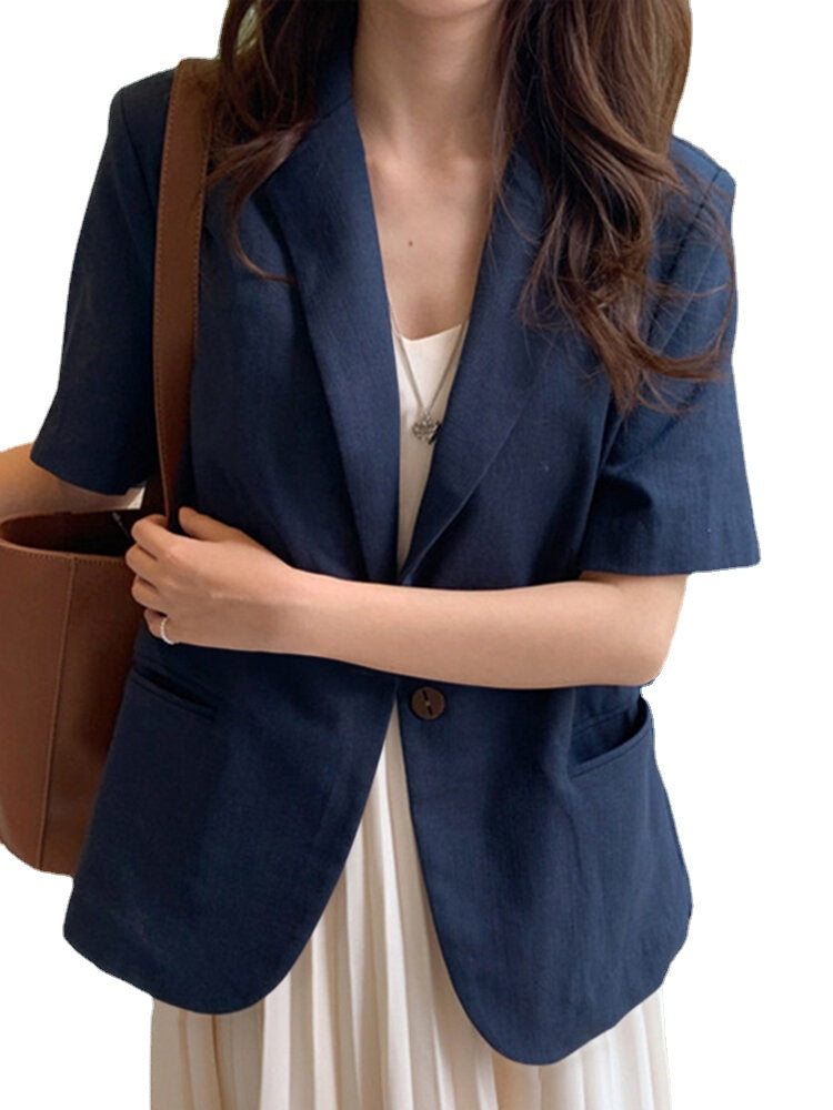 Solid Button Pocket Short Sleeve Casual Blazer