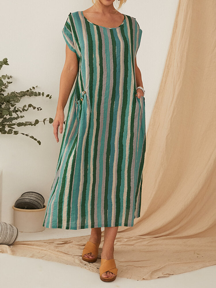 Striped Print O-neck Button Short Sleeve Pocket Maxi Dress For Women