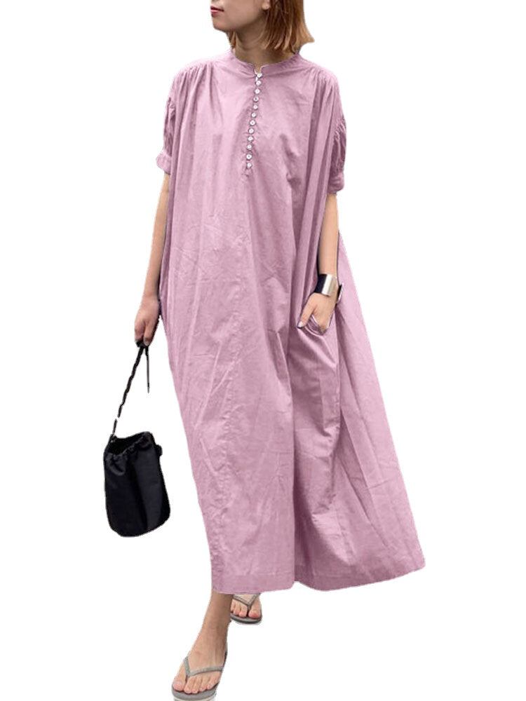 Casual Plain Puff Sleeves O-neck Pleated Solid Maxi Dress With Pocket