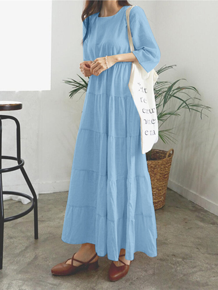 Women Plain O-Neck Stitching Layered Elastic Waist 3/4 Sleeve Maxi Dress