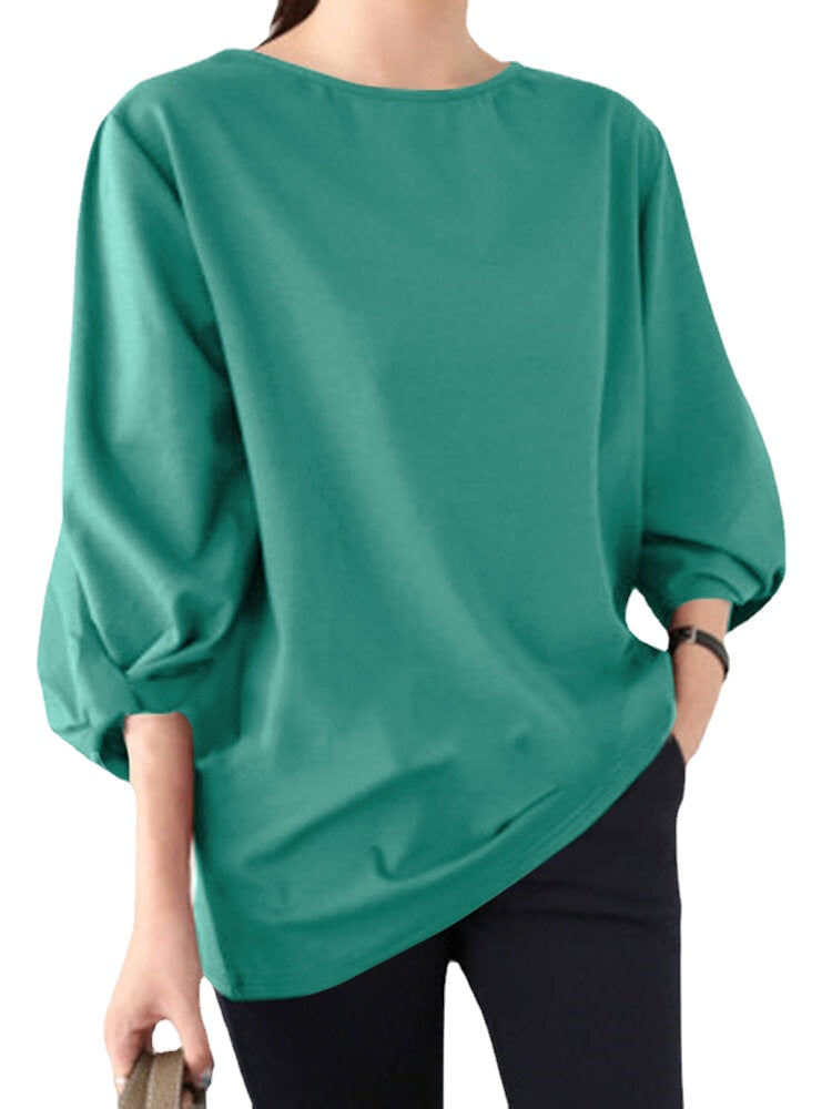 Solid Crew Neck Loose 3/4 Sleeve Casual Blouse