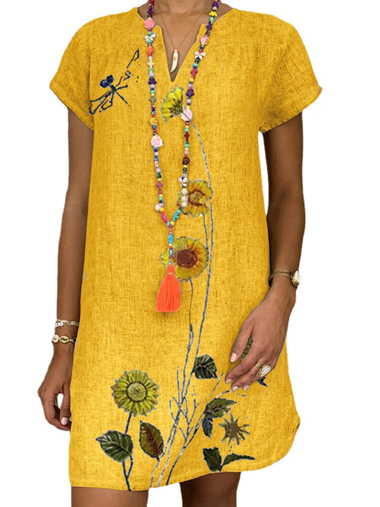 Women Floral Print V-Neck Loose Short Sleeve Casual Mini Dress