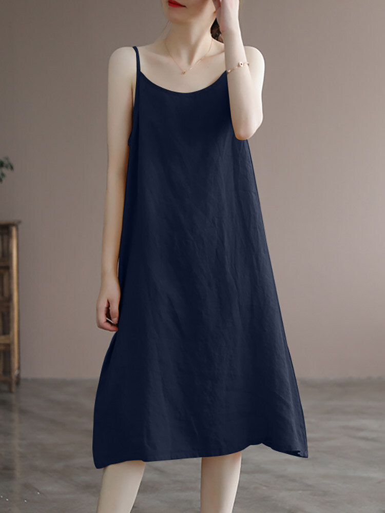 Solid Spaghetti Strap Midi Casual Dress For Women