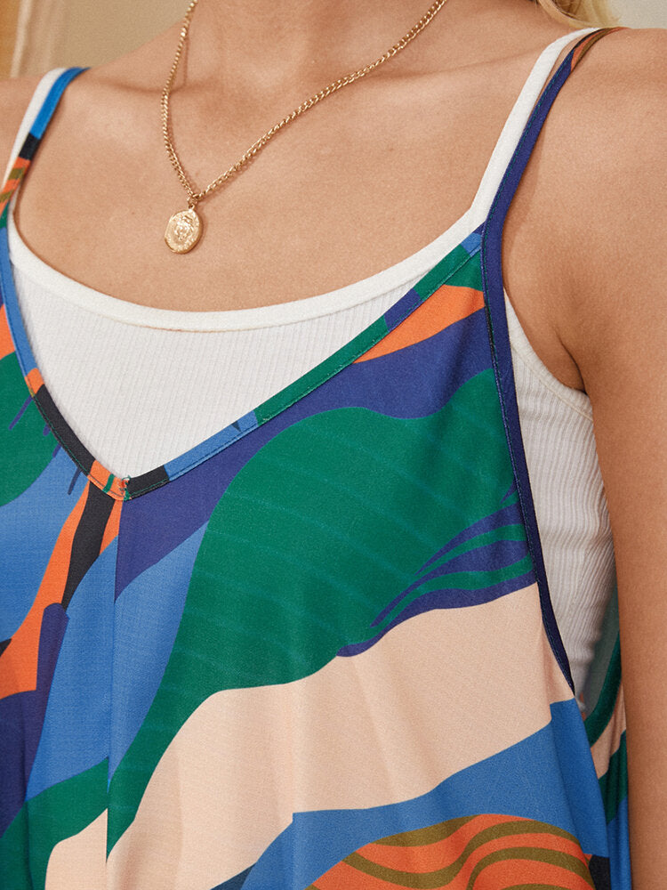 Multicolor Color Block Print Drawstring Pocket Strap Casual Jumpsuit