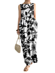 Plant Print Pocket Round Neck Sleeveless Print Dress