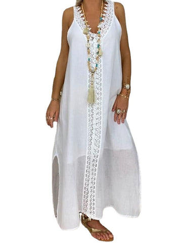 Women‘s Sleeveless Pure Color Lace V Neck Casual Loose Fit  Linen Swing Long Dress
