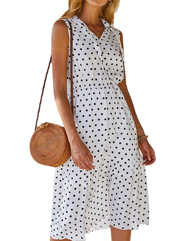 Polka Dot Print V-neck Sleeveless Knotted Pleated Dress For Women