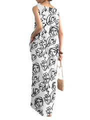 Sleeveless Print Pocket Round Neck Pattern Figure Maxi Dress