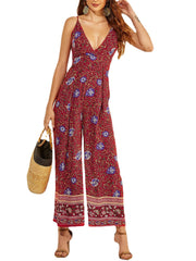 Women Floral Print Ethnic Style Sleeveless V-Neck Wide Leg Jumpsuit