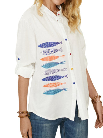 Fish Print Colorful Button Stand Collar Casual Long Sleeve Shirts For Women