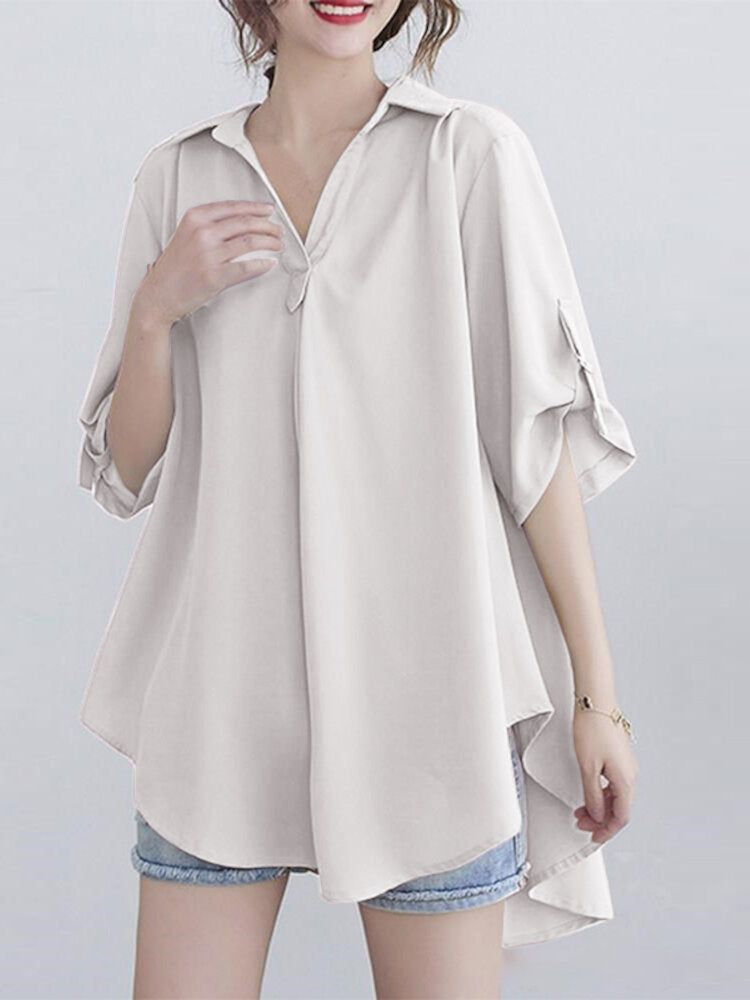 Women Solid Simple Adjustable Sleeve Length High Low V-Neck Lapel Collar Shirt