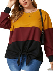 Women Tricolor Color Block Patchwork Waffle Knit Knotted Casual Plus Size Blouse