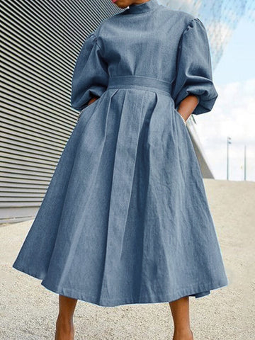 Women Puff Sleeve Pleated Solid Color Stand Collar Back Zipper Calf Length Midi Dresses