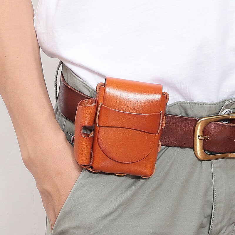 Men Genuine Leather Cigaret Case Storage Bag Retro Waterproof Waist Belt