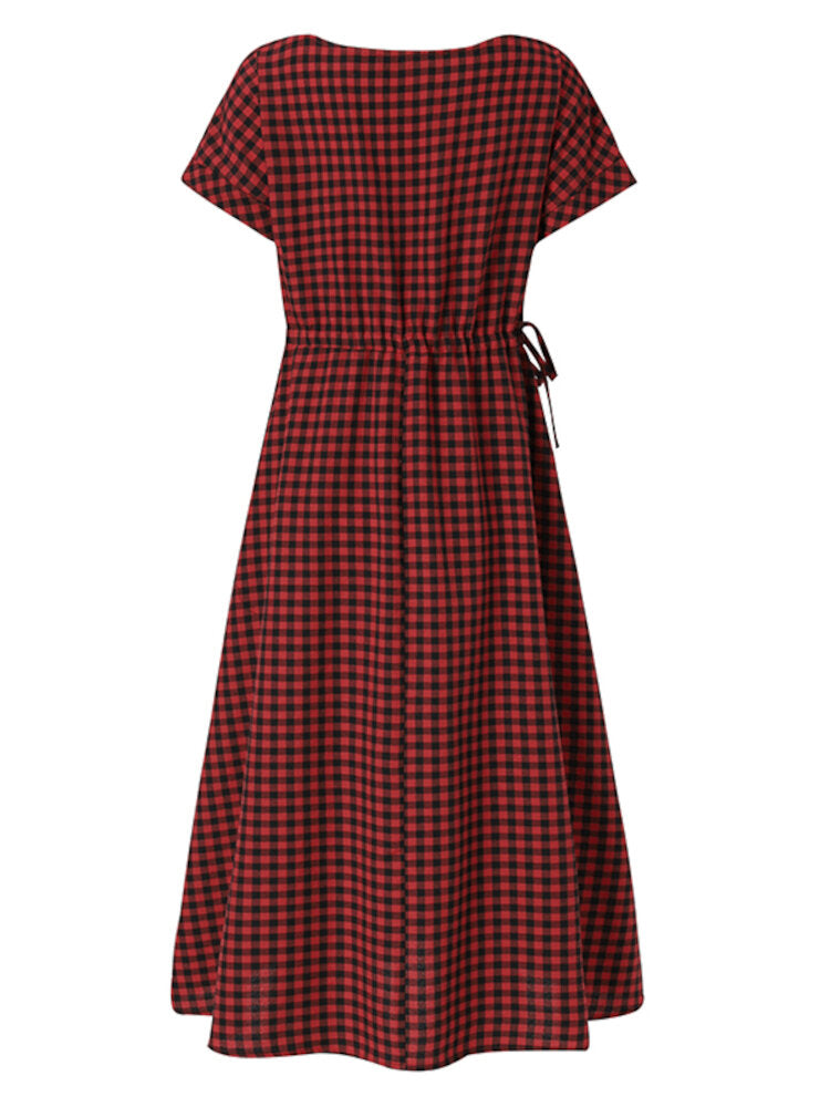 Women Squre Neck Plaid Calf Length Side Pockets Casual Midi Dresses