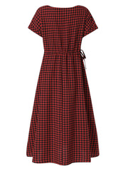 Women Squre Neck Plaid Calf Length Side Pockets Casual Midi Dresses