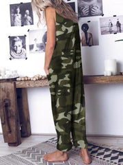 Women Loose Camouflage Print Sleeveless Harem Pants Jumpsuit with Side Pockets