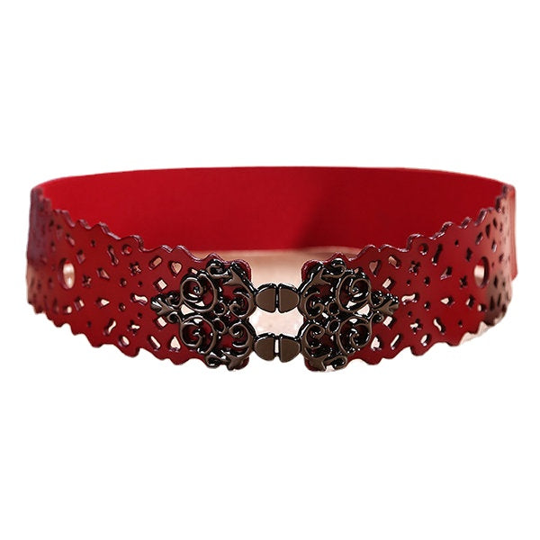 Women First Layer Leather Hollow Belts Elastic Stretchable Metal Button Waistband
