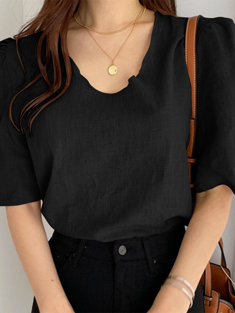 Leisure Solid V Neck Casual Cotton Blouse