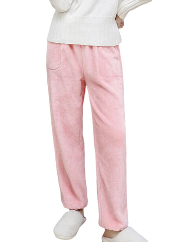 Women Flannel Solid Color Thicken Warm Home Sleepwear Pants With Pocket