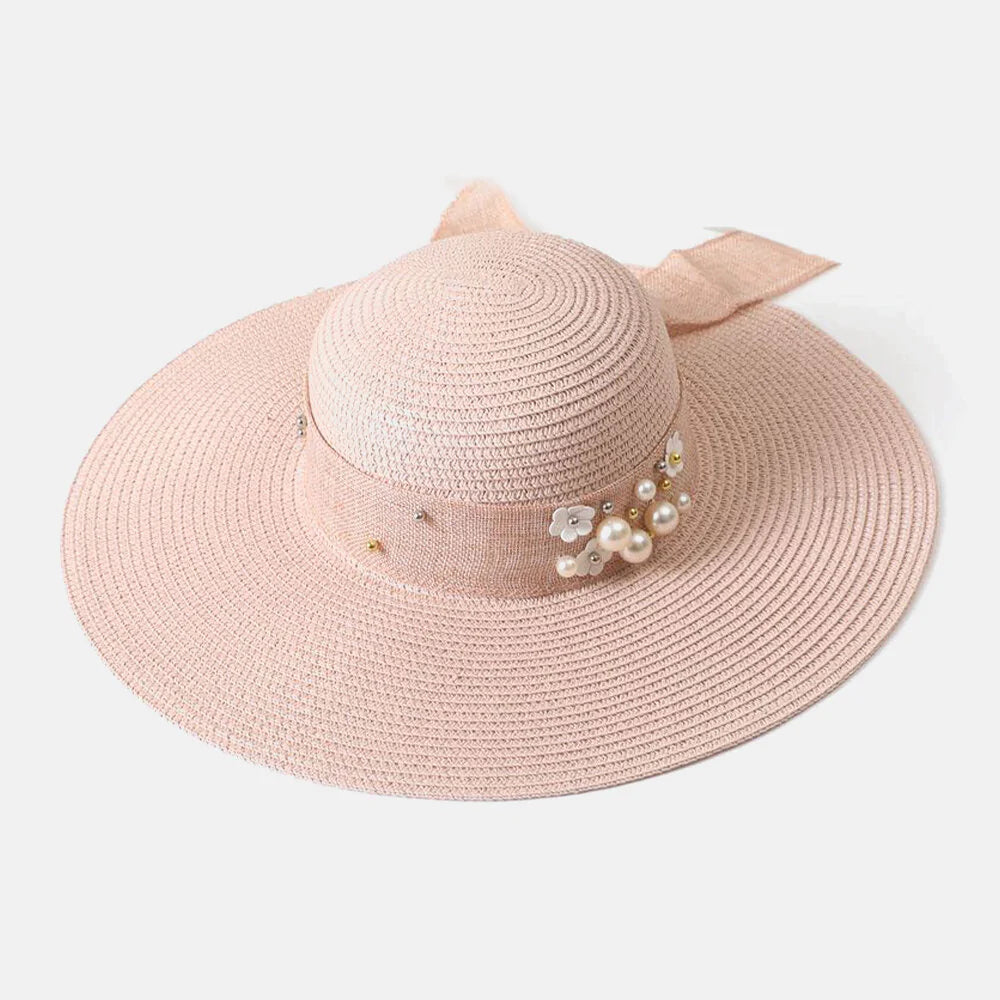 Women Straw Solid Color Elegant Big Brim Pearl Bowknot Wavy Edge Visor Sun Hat Beach Hat Bucket Hat