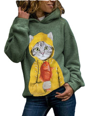 Women Cute Cartoon Cat Graphic Print Long Sleeve Casual Pullover Hoodie