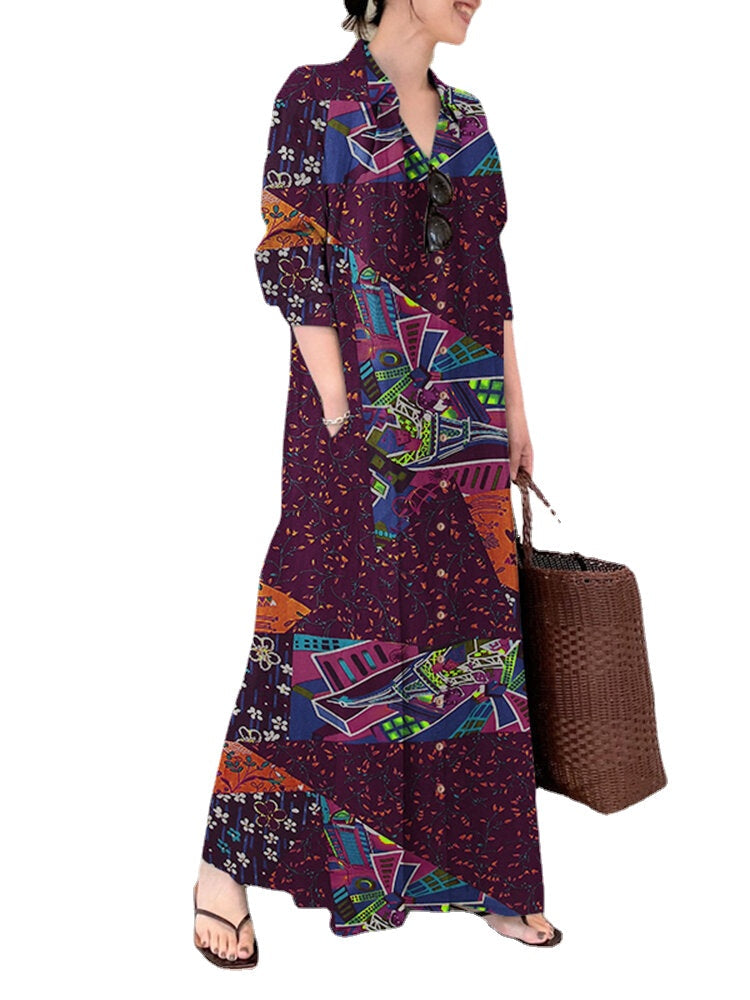 Color Contrast Geometry Print Lapel Collar Split Hem Shirt Dress Long Sleeve Pocket Maxi Dress