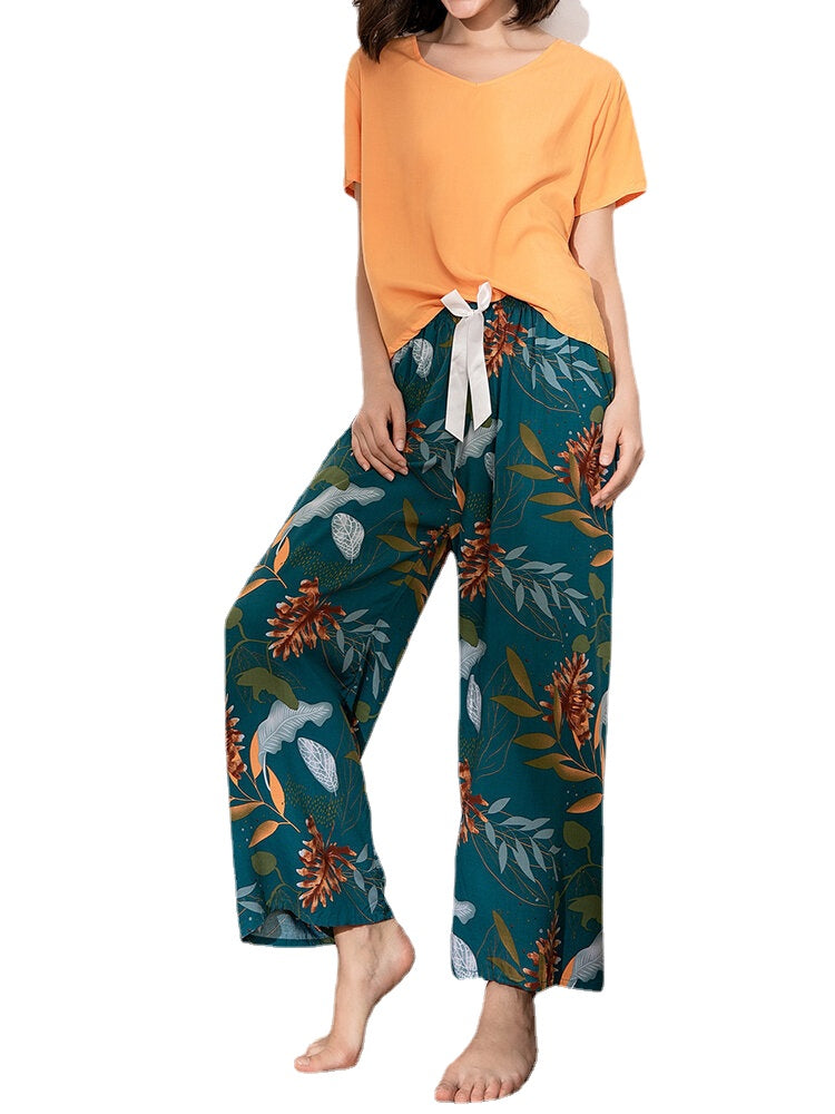 Women Ethnic Style Crane Print V-Neck Wide Leg Pajama Set