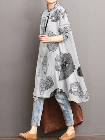 Women Cotton Tree Ring Floral Print Long Sleeve Button Down Casual Shirts Dress