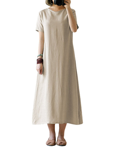 Celmia Women Vintage Short Sleeve Cotton Loose Maxi Dress
