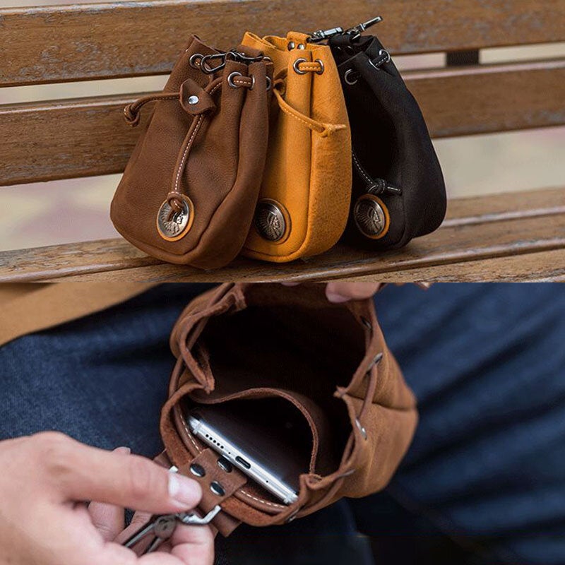 Men Genuine Leather Retro String Pocket Badge Decoration Waist Bag 6.3 Inch Phone