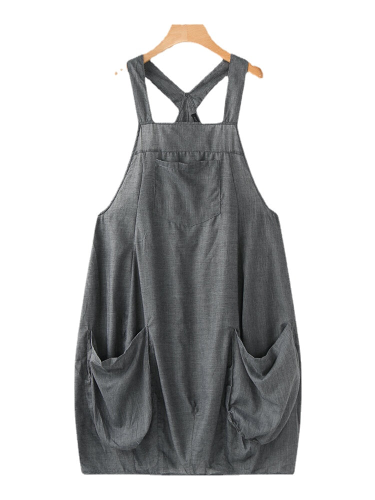 Women Straps Sleeveless Back Cross Pocket Dress Overalls