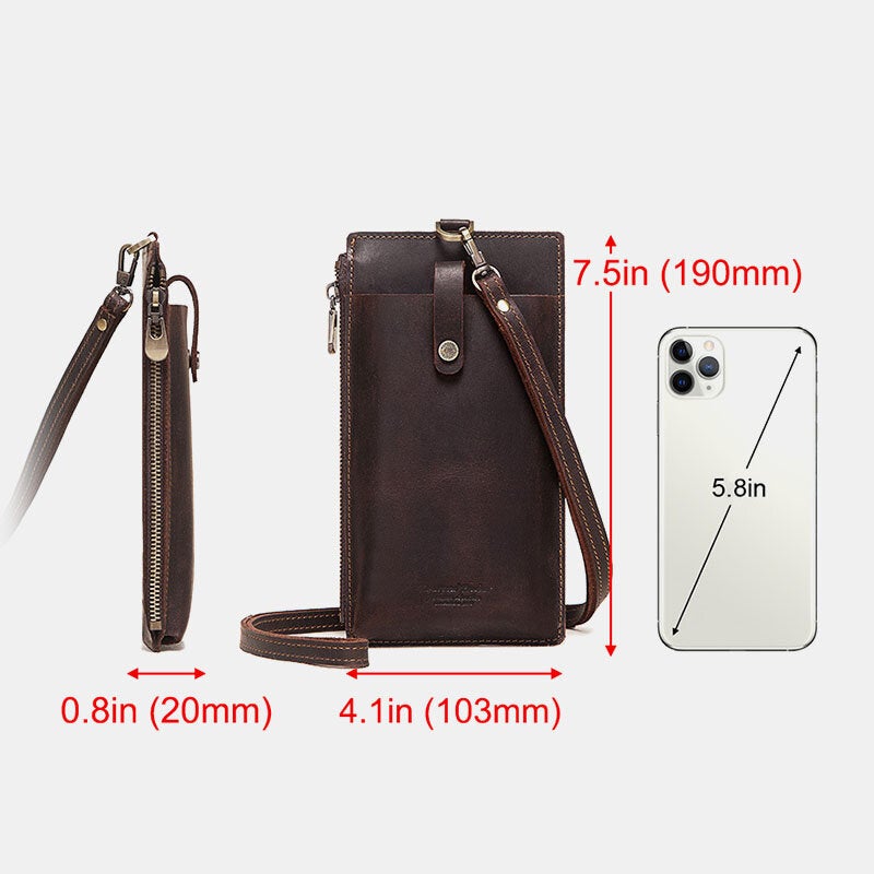 Unisex Genuine Leather Cowhide Zipper Buckle Retro 6.3 Inch Phone Bag Clutch Wallet