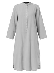 Women Solid Half Button Side Split Simple Long Sleeve Shirt Dresses With Pocket