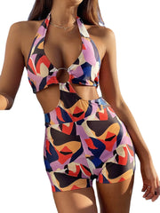 Women Contrasting Color Geometry Pattern Print Halter One Piece Swimwear