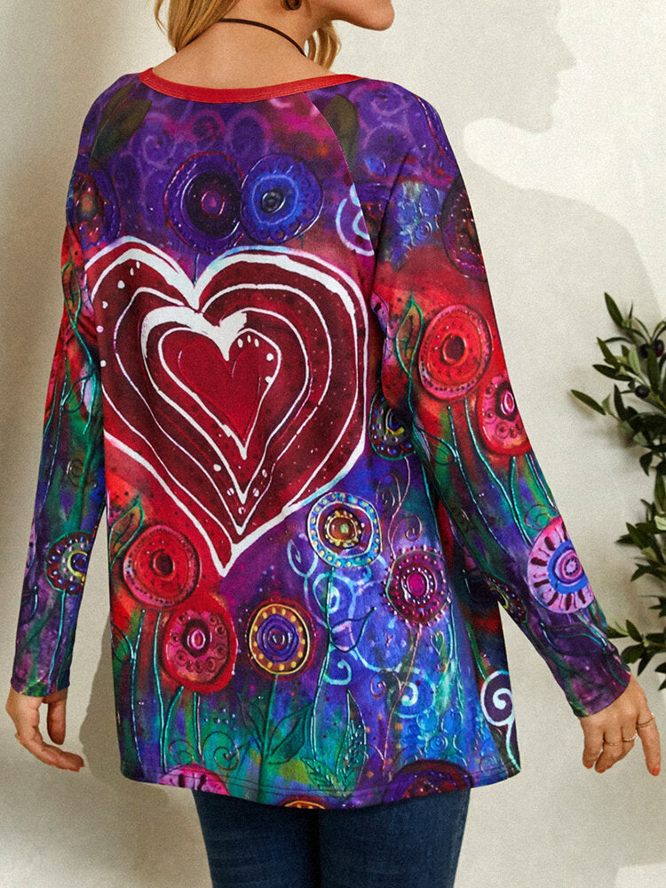 Women Graffiti Heart Floral Print Round Neck Casual Long Sleeve T-Shirt