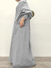 Stripe Print Button V-neck Long Sleeve Loose Shirt Dress