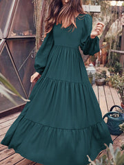 Women Retro Solid Color Back Zipper Puff Sleeve Loose Casual Maxi Dress