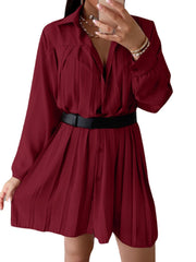 Pleated Solid Button Long Sleeve Lapel Casual Shirt Dress