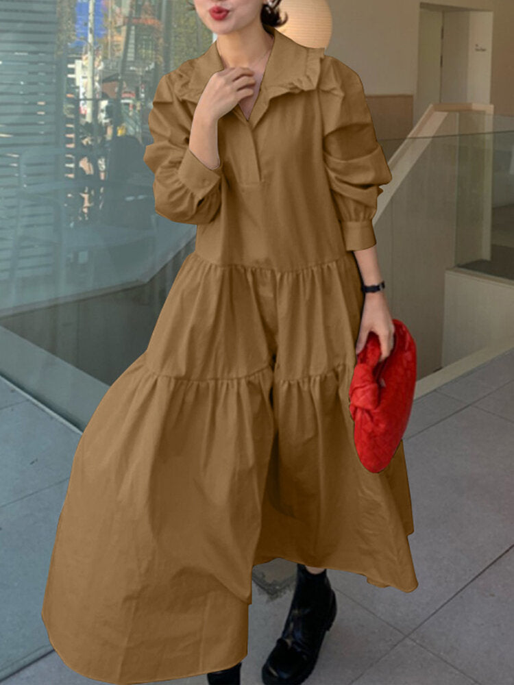 Women Solid Tiered Doll Collar Long Sleeve Casual Maxi Dresses