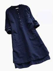 Women Vintage Long Sleeve Buttons Cotton Mini Shirt Dresses