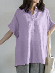 Solid Button Stand Collar Short Sleeve Loose Casual Blouse