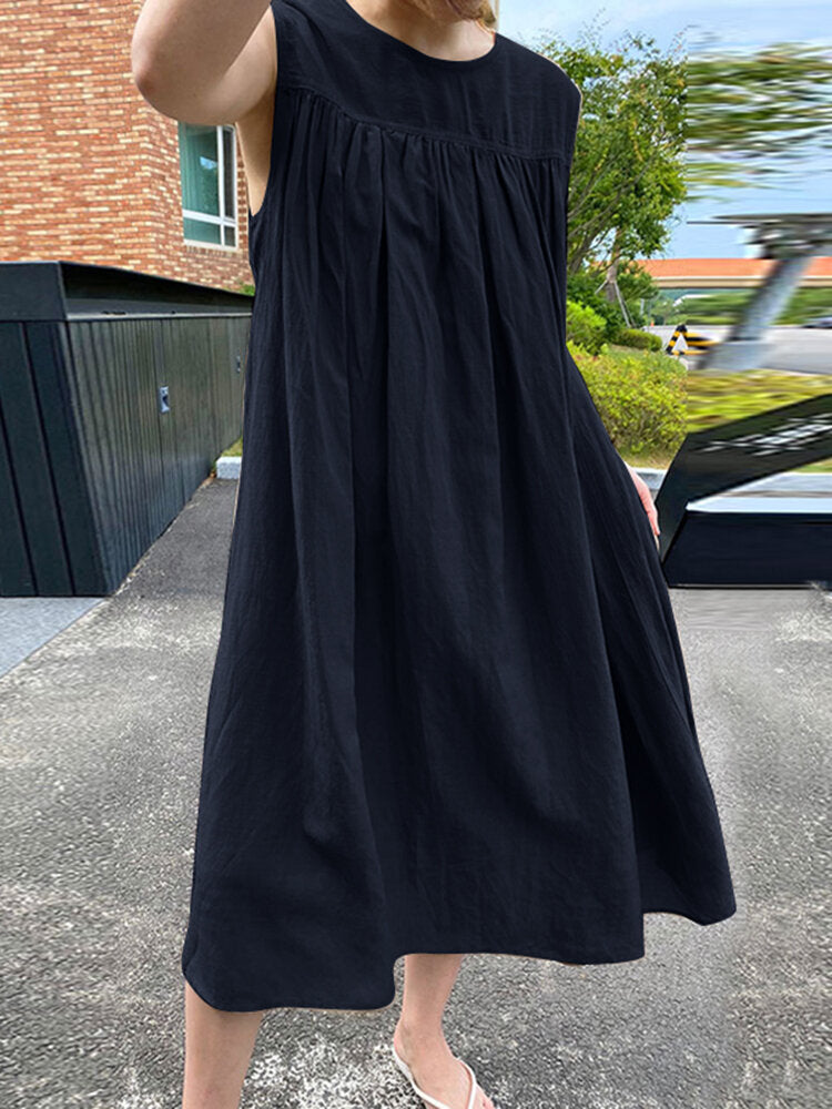 Solid Ruched Sleeveless Round Neck Casual Dress