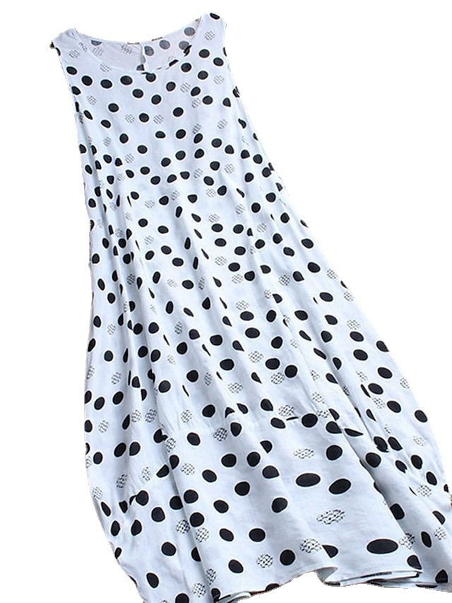 Women's Sleeveless Polka Dot Print Crew Neck Swing Boho Dress