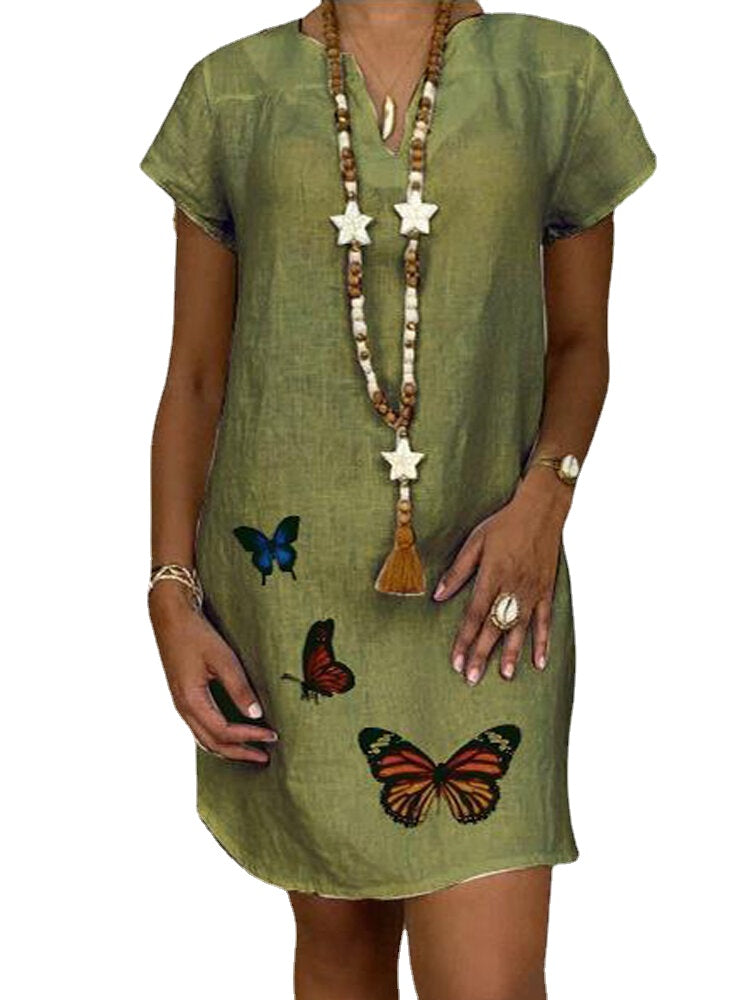 Butterfly Print V Neck Short Sleeve Women Causal Loose Mini Dress