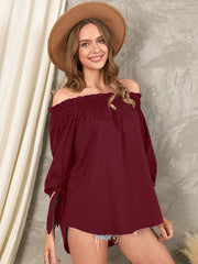 Shirring Tie-Up At Cuffs One Shoulder Backless Casual Blouse